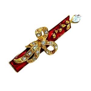 Christmas Brooch festive holiday candle gold & red enamel & clear rhinestones